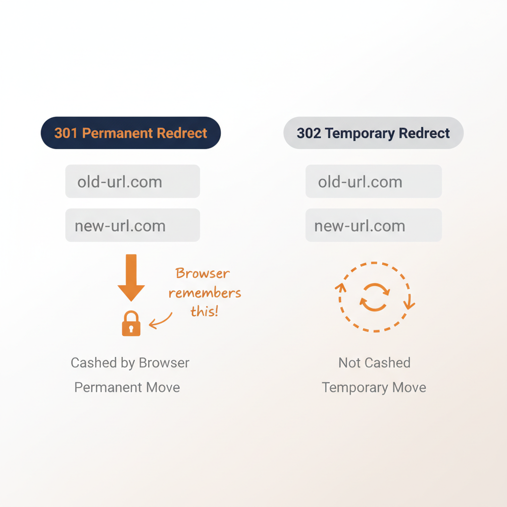 301 permanent redirect with lock icon and cached arrow versus 302 temporary redirect with refresh icon and non-cached arrow, both pointing from old URL to new URL