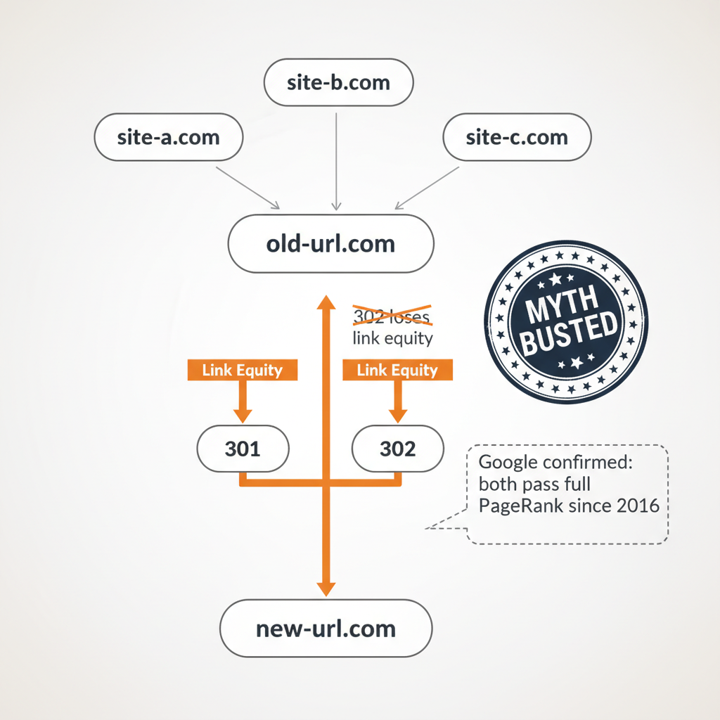 Link equity flowing equally through 301 and 302 redirects, backlinks from multiple domains converging on old URL and passing full PageRank to new URL, with myth-busted stamp on the claim that 302 loses equity
