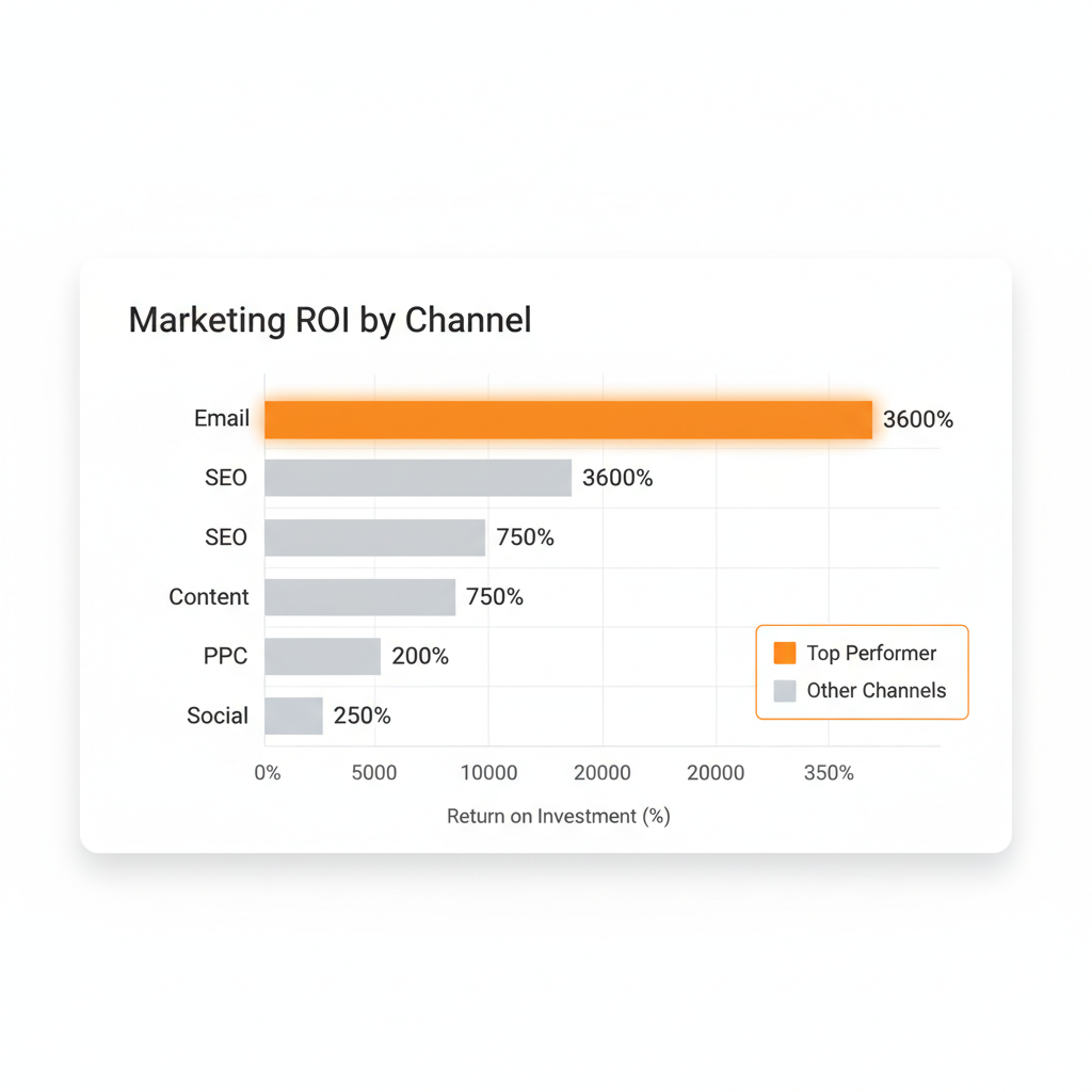 Bar chart comparing ROI by marketing channel with email at 3600%