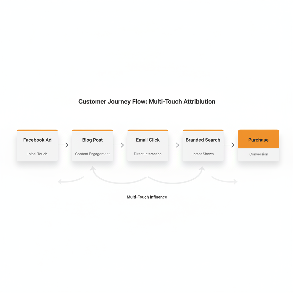 Customer journey flow showing multi-touch attribution from ad to purchase