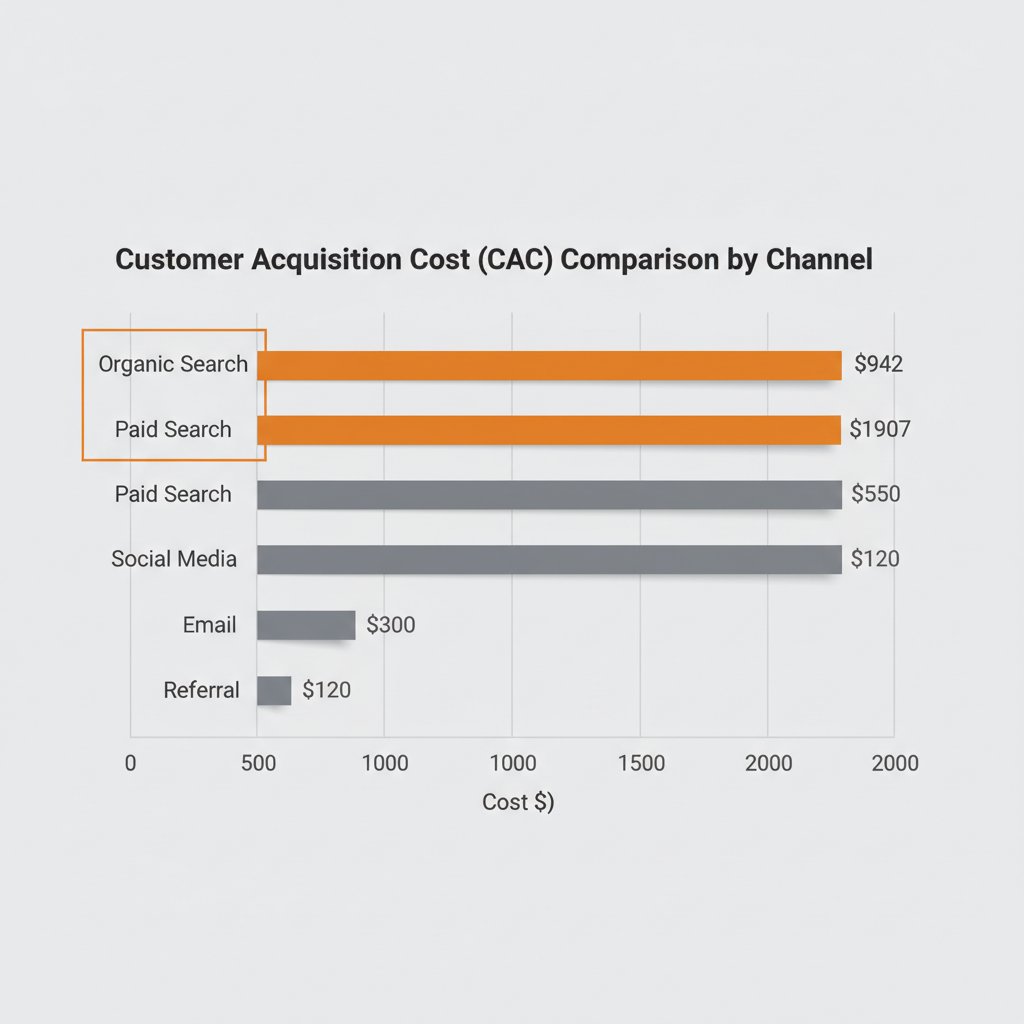 Customer Acquisition Cost comparison by channel: Organic Search, Paid Search, Social Media, Email, Referral