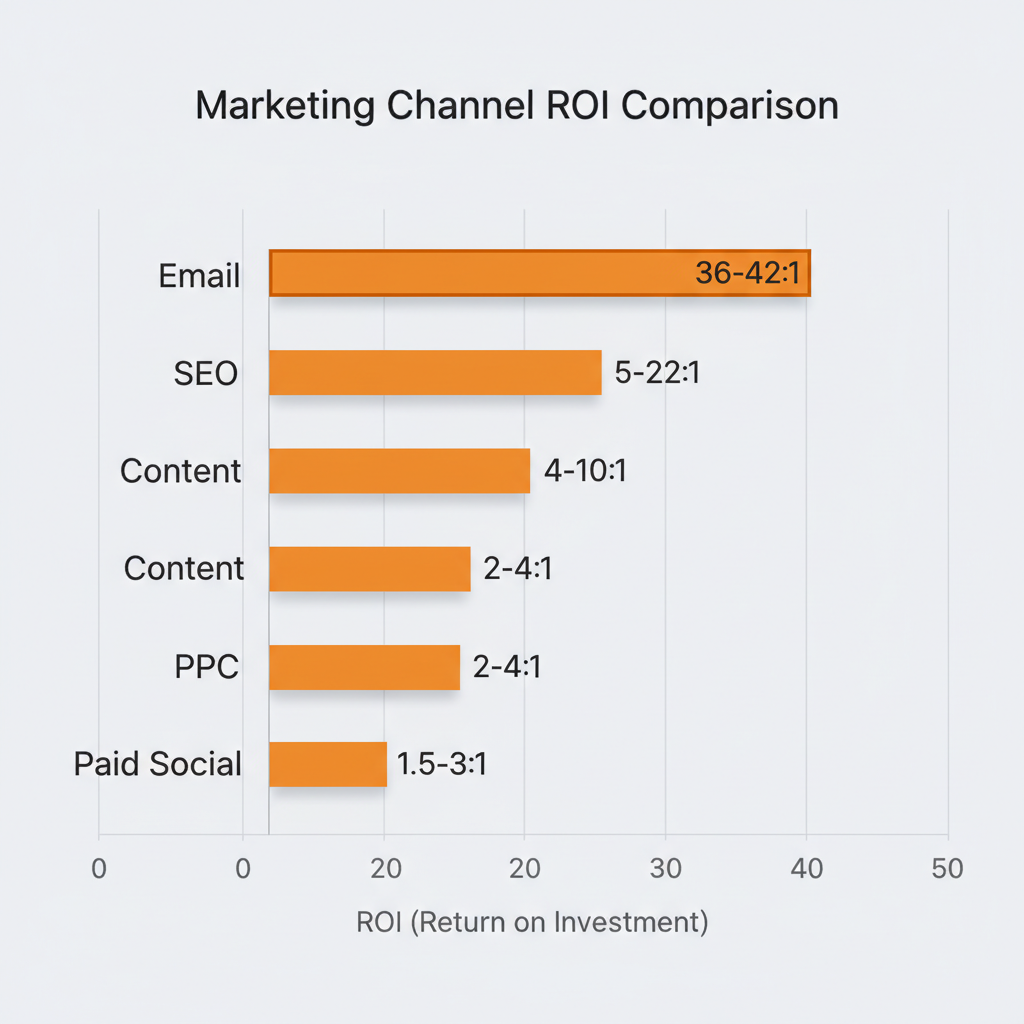 ROI comparison by marketing channel: Email, SEO, Content, PPC, and Paid Social