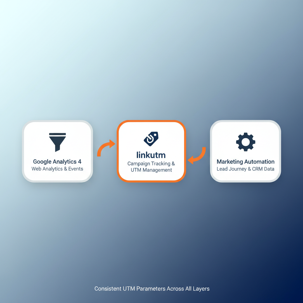 Three-layer analytics stack flow showing Google Analytics 4 for web data connected to linkutm for campaign tracking connected to Marketing Automation for lead journey data
