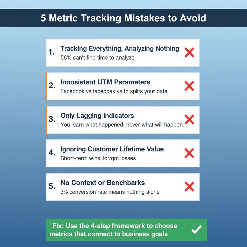 Five common metric tracking mistakes listed vertically: tracking everything analyzing nothing, inconsistent UTM parameters, only lagging indicators, ignoring customer lifetime value, and reporting without context