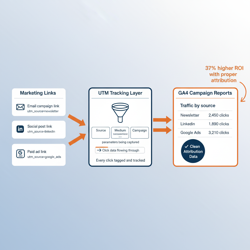 UTM attribution data flow diagram showing marketing links tagged with UTM parameters flowing through click tracking into GA4 campaign reports with clean attribution data output