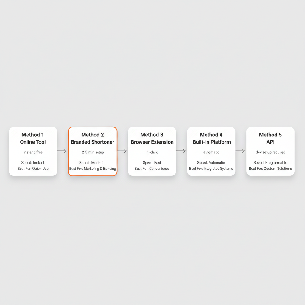 Five link shortening methods compared in horizontal flow: online URL shortener for instant free use, branded shortener for marketing campaigns, browser extension for fastest workflow, built-in platform shorteners, and API for developer automation