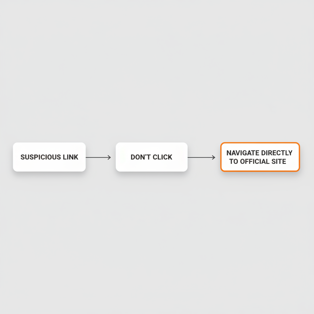 Flow diagram showing the decision process: suspicious link → don't click → navigate directly to official site