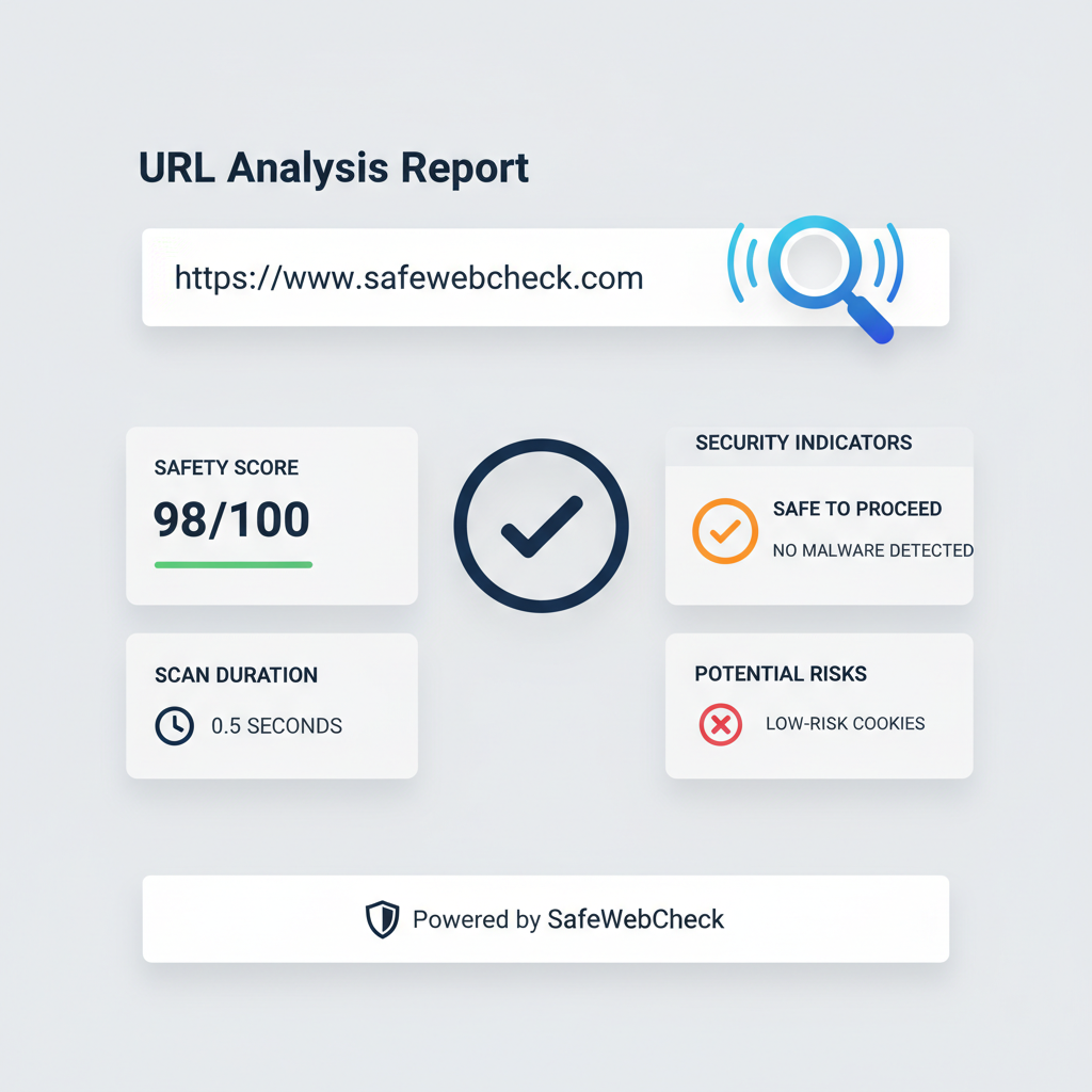 Infographic showing a URL being analyzed with magnifying glass, showing safe vs unsafe indicators
