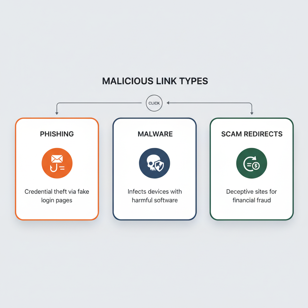 Diagram showing three types of malicious links: phishing, malware, and scam redirects with icons