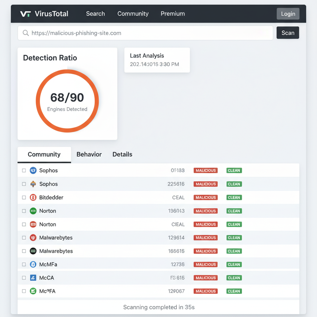 Screenshot showing VirusTotal interface scanning a URL with detection results