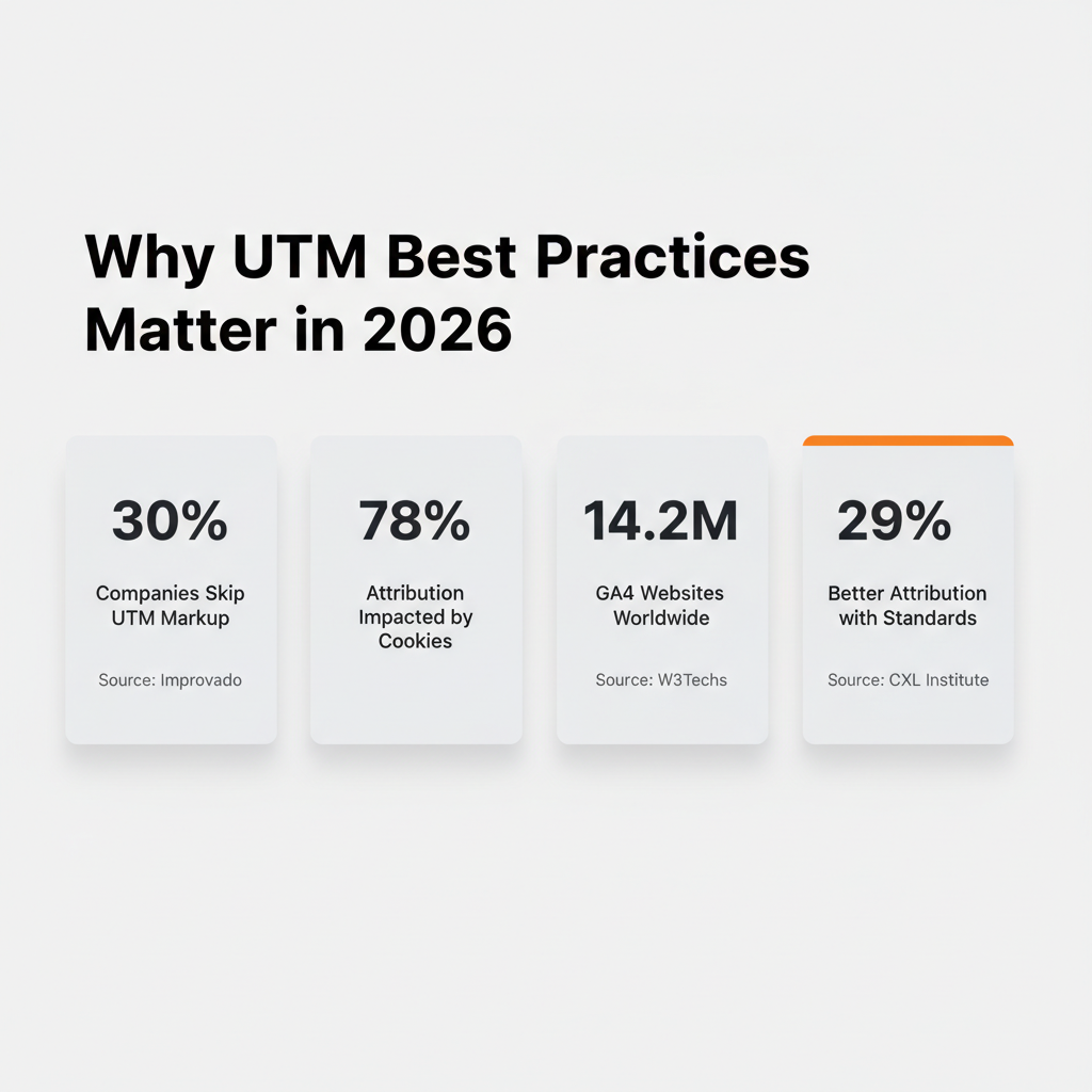 Four UTM best practices statistics for 2026: 30% skip UTM markup, 78% attribution impacted by cookies, 14.2M GA4 websites worldwide, 29% improvement with naming conventions