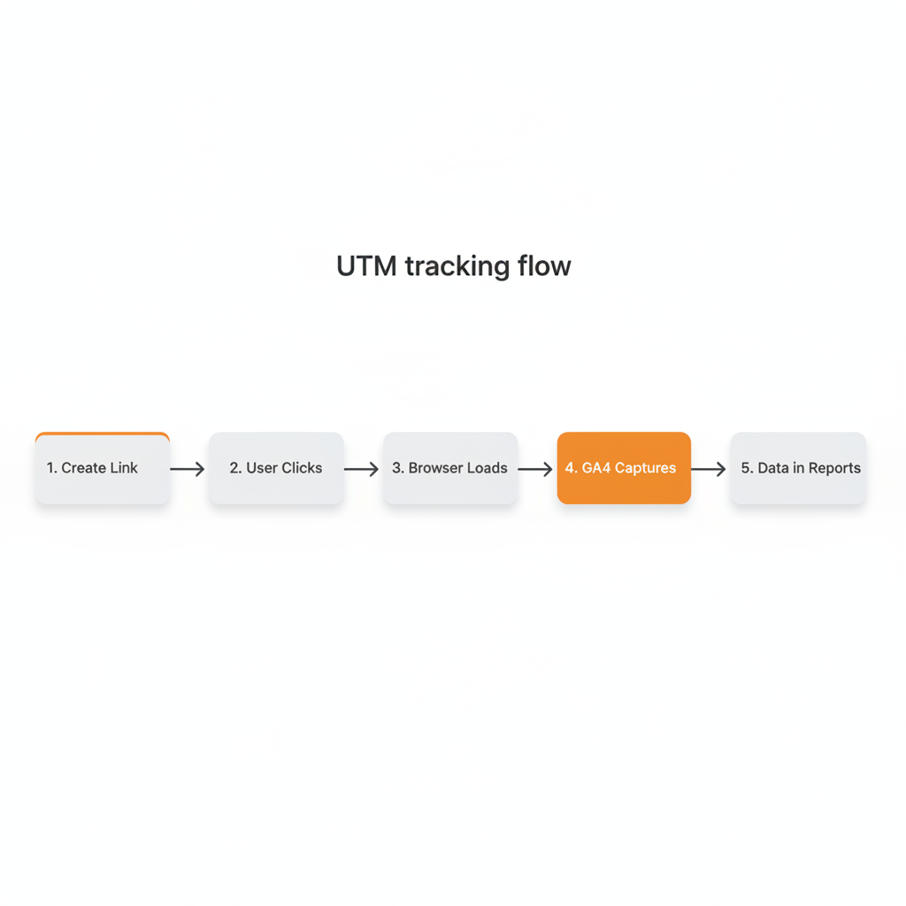 UTM tracking flow from link click to GA4 reports