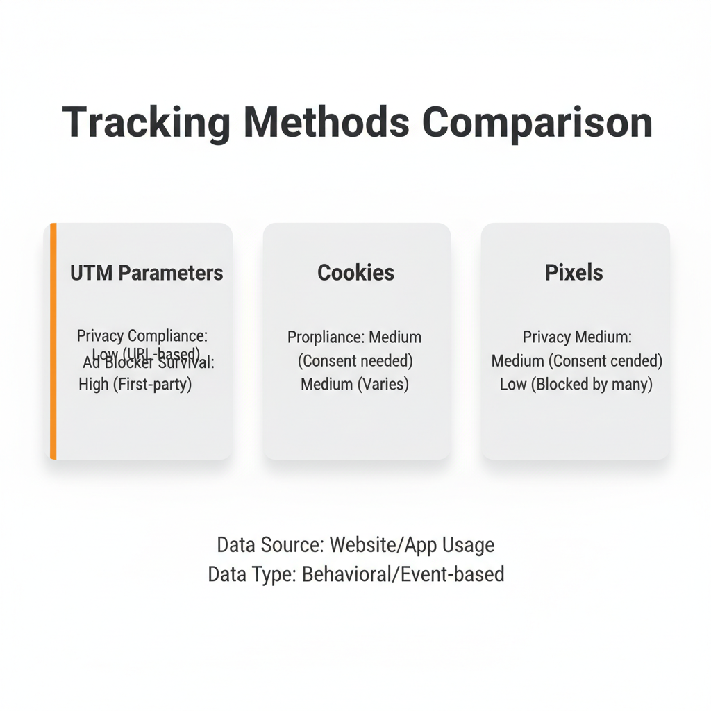 UTM vs Cookies vs Pixels comparison showing privacy compliance