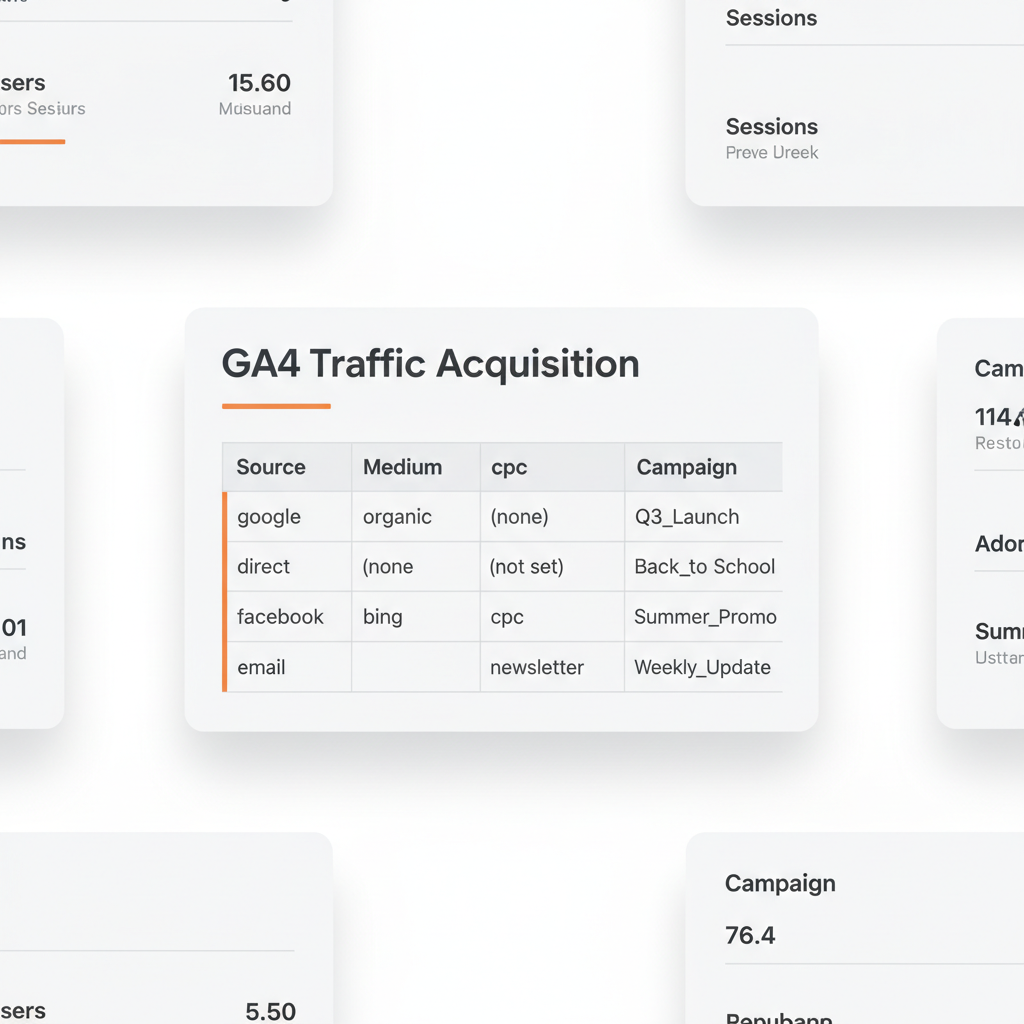 GA4 Traffic Acquisition report showing UTM source and medium data